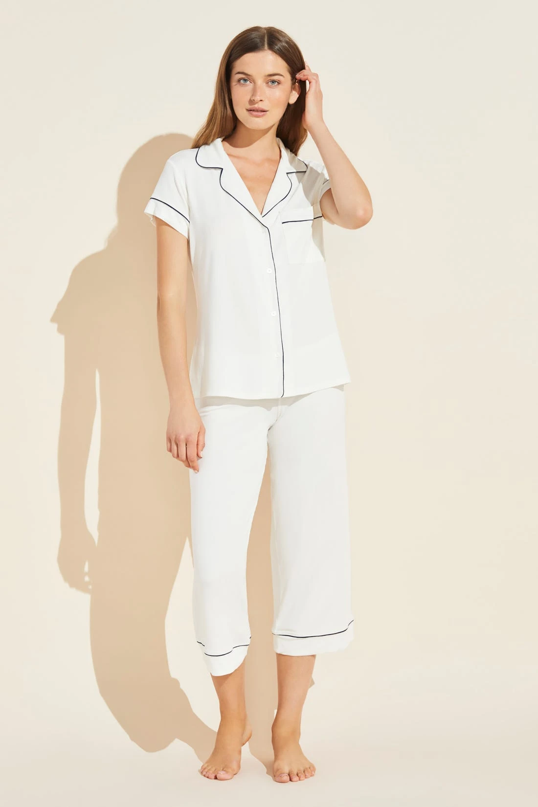 Eberjey Gisele TENCEL™ Modal Short Sleeve Cropped PJ Set - Ivory/Navy 3 Eberjey Gisele TENCEL™ Modal Short Sleeve Cropped PJ Set - Ivory/Navy