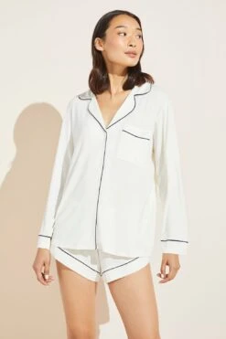Eberjey Gisele TENCEL™ Modal Long Sleeve & Shortie Short PJ Set - Ivory/Navy