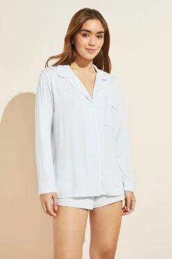 Eberjey Gisele TENCEL™ Modal Long Sleeve & Shortie Short PJ Set - Water Blue/White