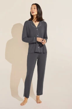 Eberjey Gisele TENCEL™ Modal Tuxedo Slim PJ Set - Graphite/Sorbet Pink