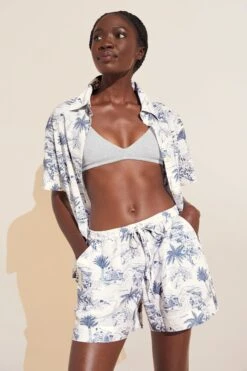 Eberjey Organic Sandwashed Cotton Printed Short PJ Set - Riviera Toile Coastal Blue -Fashion - Pajamas EBJ1889 PJ2026S RIVTC S