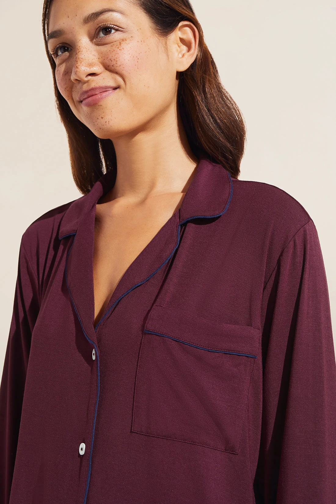 Eberjey Gisele TENCEL™ Modal Long PJ Set - Mulberry/Navy 4 Eberjey Gisele TENCEL™ Modal Long PJ Set - Mulberry/Navy - Image 2