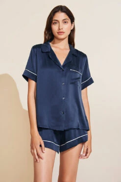 Eberjey Inez Washable Silk Short PJ Set - Navy/Champagne
