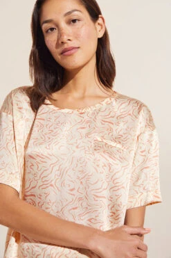 Eberjey Inez Washable Silk Printed Short Sleeve Tee & Boxer PJ Set - Marble Rose Cloud -Fashion - Pajamas EBJ1964 TU2015SS MARRC S