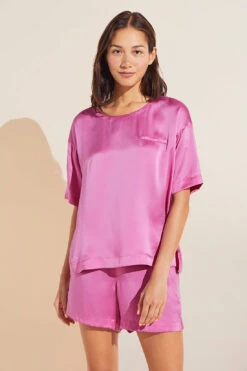 Eberjey Inez Washable Silk Short Sleeve Tee & Boxer PJ Set - Italian Rose