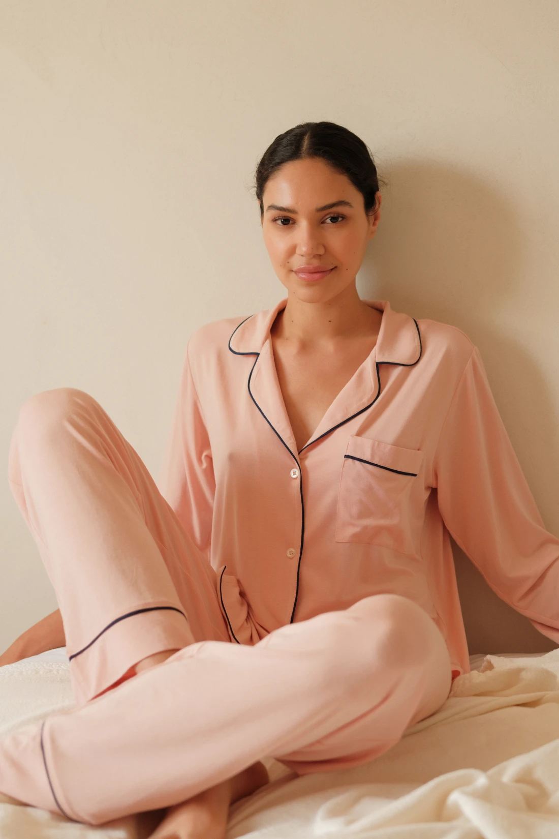 Eberjey Gisele TENCEL™ Modal Long PJ Set - Rose Cloud/Navy 3 Eberjey Gisele TENCEL™ Modal Long PJ Set - Rose Cloud/Navy