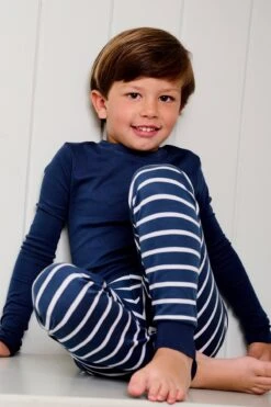 Lake Kids Pima Pocket Long-Long Set In Navy Breton Stripe -Fashion - Pajamas LAKE Webcrop Fall23 Lifestyle KidsPocketPimaLongLong NavyBretonStripe 1807
