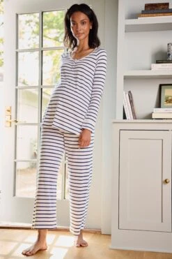 Lake Pima Maternity Wide Leg Pajama Set In White Breton Stripe -Fashion - Pajamas LAKE Webcrop Fall23 Lifestyle MaternityPimaWideLegPajamaSet WhiteBretonStripe 5970