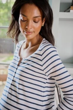 Lake Pima Maternity Wide Leg Pajama Set In White Breton Stripe -Fashion - Pajamas LAKE Webcrop Fall23 Lifestyle MaternityPimaWideLegPajamaSet WhiteBretonStripe 6043