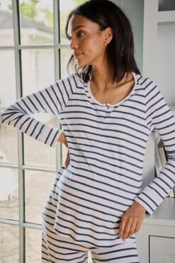 Lake Pima Maternity Wide Leg Pajama Set In White Breton Stripe -Fashion - Pajamas LAKE Webcrop Fall23 Lifestyle MaternityPimaWideLegPajamaSet WhiteBretonStripe 6060