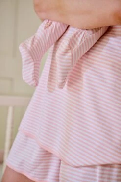 Lake Baby Sleeper In English Rose Stripe -Fashion - Pajamas LAKE Webcrop Fall23 Lifestyle MaternityShortsSet BabyFootedSleeper EnglishRoseStripe 1073