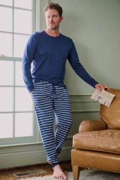 Lake Men's Pima Pocket Long-Long Set In Navy Breton Stripe -Fashion - Pajamas LAKE Webcrop Fall23 Lifestyle MensPocketPimaLL NavyBretonStripe 0074 0fc31de6 4ff5 425a 86ba a0f6bdbf4b0d
