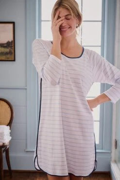 Lake Pima Long Sleeve Nightgown In Marine -Fashion - Pajamas LAKE Webcrop Fall23 Lifestyle PimaLongSleeveNG Marine 0129