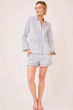 Lake Poplin Piped Shorts Set In Navy Ticking Stripe -Fashion - Pajamas LAKE Webcrop Fall23 Studio PoplinPipedShortsSet NavyBretonStripe 0008