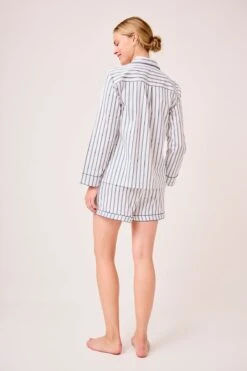 Lake Poplin Piped Shorts Set In Navy Ticking Stripe -Fashion - Pajamas LAKE Webcrop Fall23 Studio PoplinPipedShortsSet NavyBretonStripe 0105