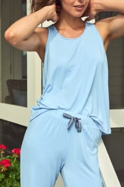 Lake DreamKnit Ribbon Tank-Long Set In Chambray Blue -Fashion - Pajamas LAKE Webcrop Summer23 DreamKnitRibbonTankSet MidBlue 13461