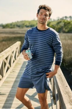 Lake Men's Pima Long-Short Set In Ocean Blue Stripe 9 Lake Men's Pima Long-Short Set In Ocean Blue Stripe -Fashion - Pajamas LAKE Webcrop Summer23 MensLongSleeveShortsSet OceanBlueStripe 5283
