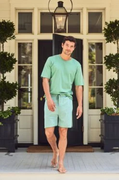 Lake Men's Pima Pajama Shorts Set In Spruce -Fashion - Pajamas LAKE Webcrop Summer23 MensPimaShortsSet Spruce 8741