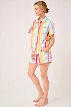 Lake Sadie Shorts Set In Rainbow Stripe -Fashion - Pajamas LAKE Webcrop 0049 LAKE Fall23 Studio SadieShortsSet RainbowStripe 0035
