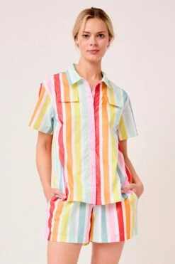 Lake Sadie Shorts Set In Rainbow Stripe -Fashion - Pajamas LAKE Webcrop 0050 LAKE Fall23 Studio SadieShortsSet RainbowStripe 0001