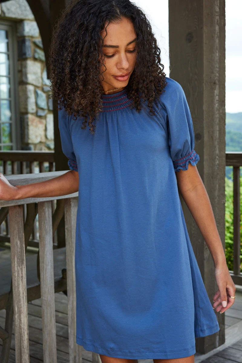 Lake Pima Smocked Nightgown In Navy 5 Lake Pima Smocked Nightgown In Navy - Image 3