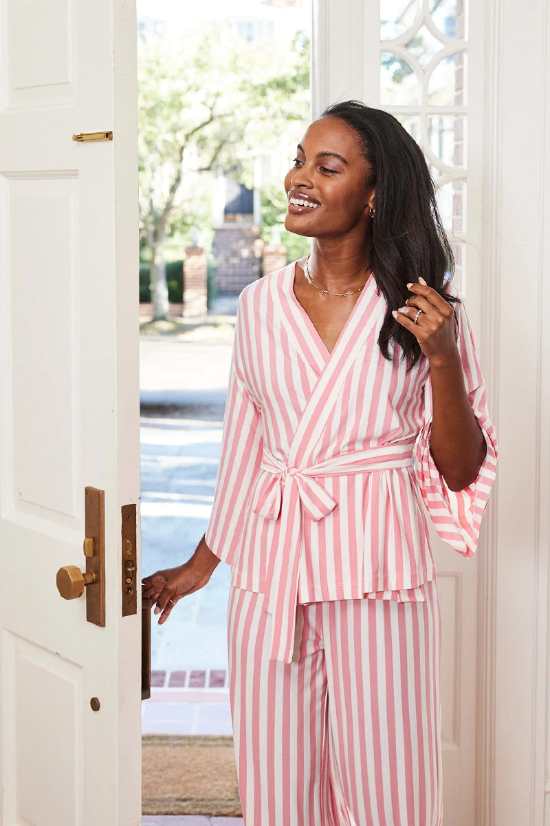 Lake DreamKnit Kimono Pajama Set In Coral Stripe - Image 2