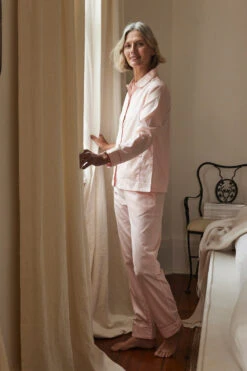 Lake Poplin Piped Pants Set In Peach -Fashion - Pajamas LAKE Website WebCrop Spring2023 PoplinPipedPantsSet Peach Final 2177