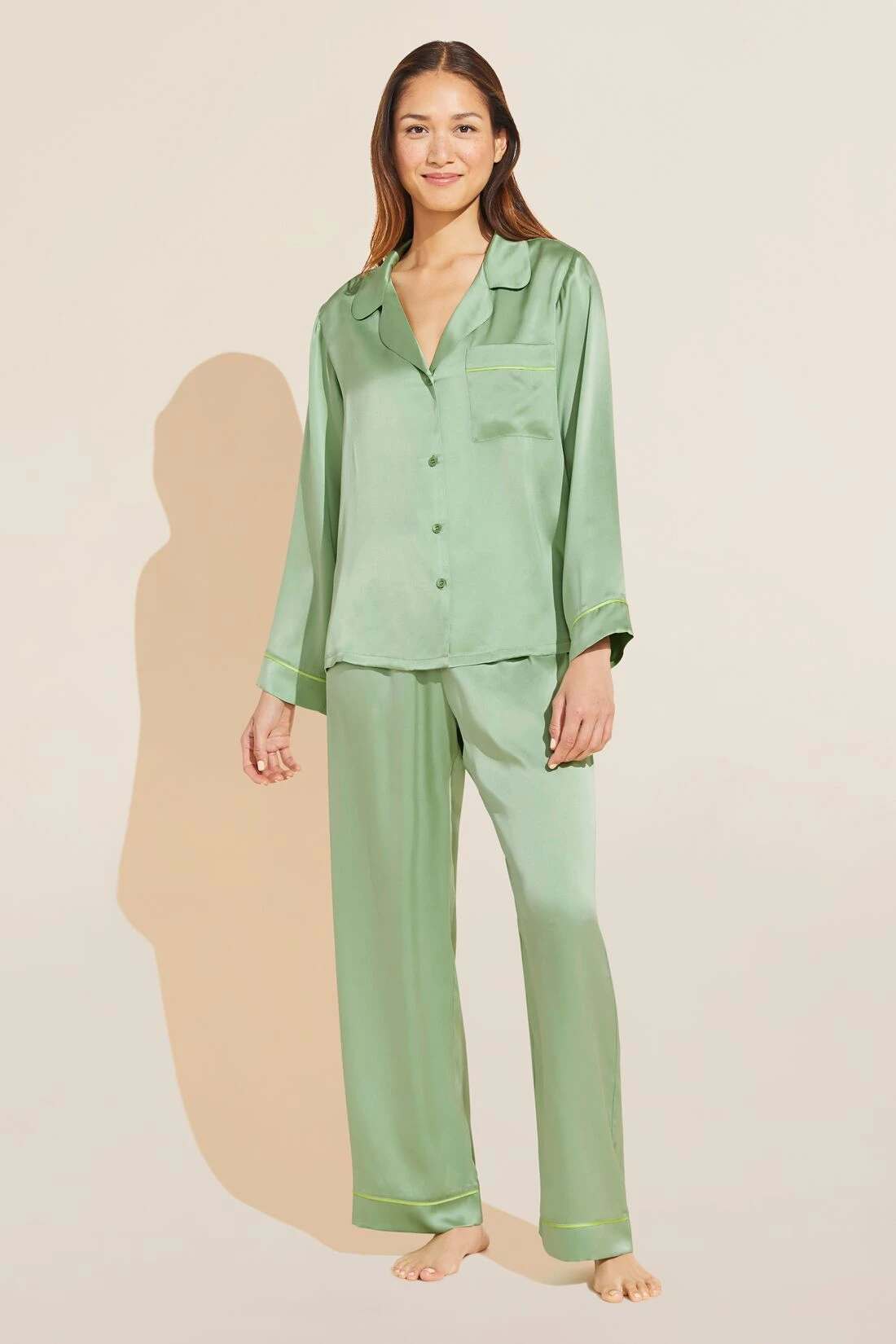 Eberjey Inez Washable Silk Long PJ Set - Pistachio/Lime 4 Eberjey Inez Washable Silk Long PJ Set - Pistachio/Lime - Image 2