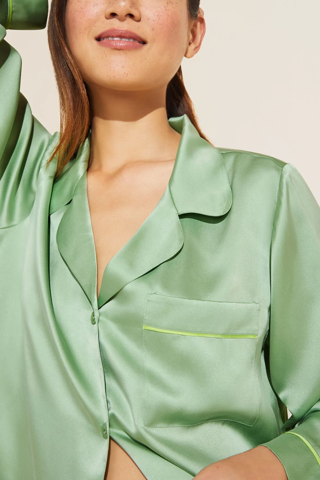 Eberjey Inez Washable Silk Long PJ Set - Pistachio/Lime 3 Eberjey Inez Washable Silk Long PJ Set - Pistachio/Lime