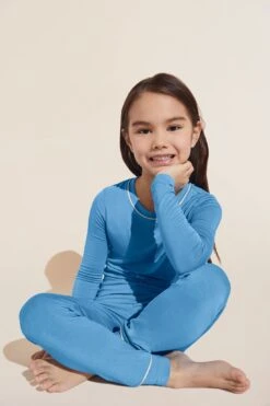 Eberjey Kids TENCEL™ Modal Gender Neutral Long PJ Set - Azure/Ivory