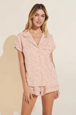 Eberjey Gisele Printed TENCEL⢠Modal Shortie Short PJ Set - Animal Hearts Mocha/Mocha