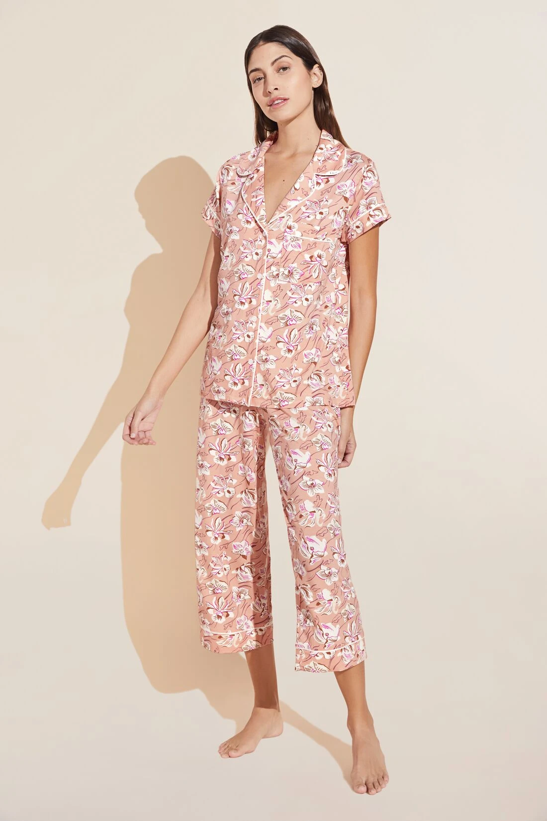 Eberjey Gisele Printed TENCEL™ Modal Short Sleeve Cropped PJ Set - Fiore Rose Cloud/Ivory 3 Eberjey Gisele Printed TENCEL™ Modal Short Sleeve Cropped PJ Set - Fiore Rose Cloud/Ivory