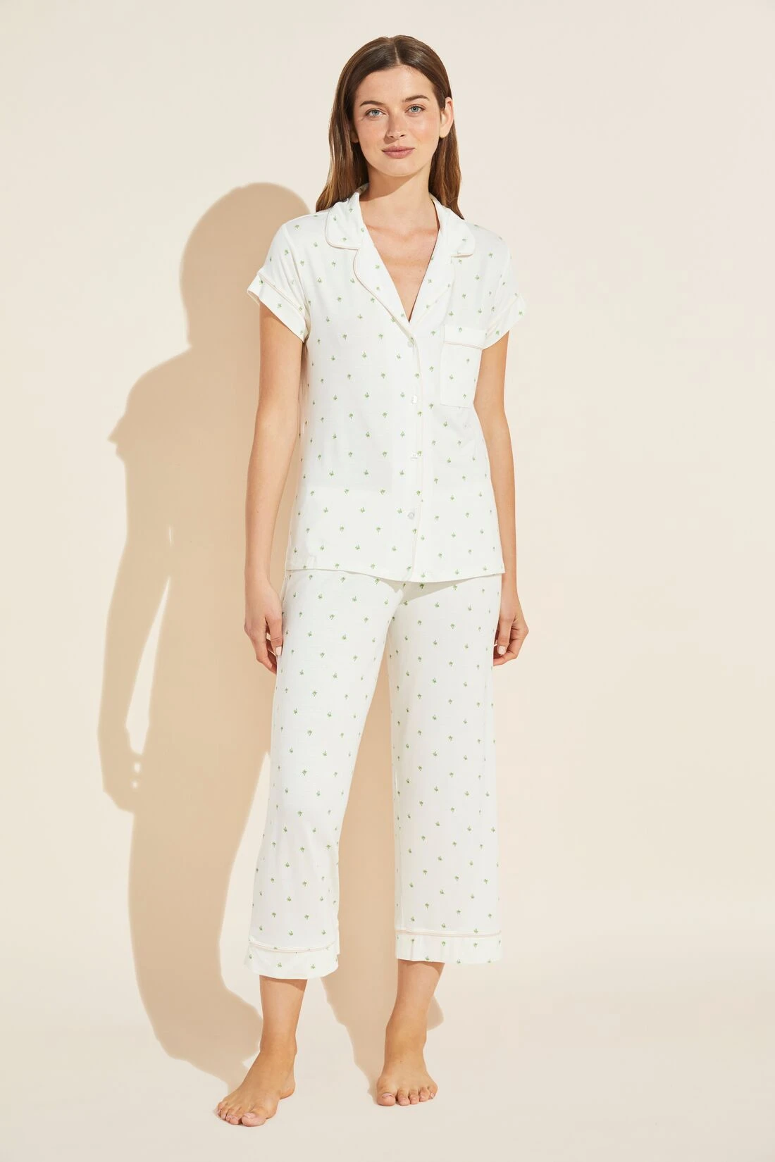 Eberjey Gisele Printed TENCEL™ Modal Short Sleeve Cropped PJ Set - Palm/Bellini 3 Eberjey Gisele Printed TENCEL™ Modal Short Sleeve Cropped PJ Set - Palm/Bellini