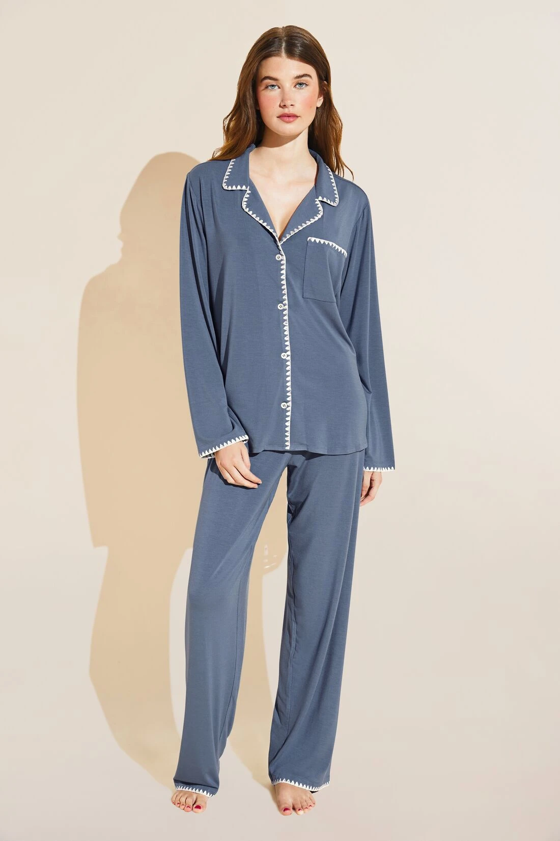 Eberjey Frida TENCEL™ Modal Long PJ Set - Coastal Blue/Ivory 3 Eberjey Frida TENCEL™ Modal Long PJ Set - Coastal Blue/Ivory