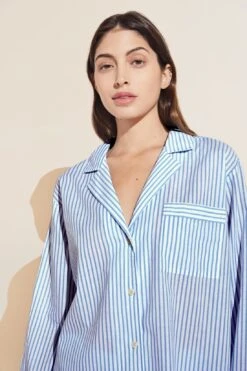 Eberjey Organic Sandwashed Cotton Woven Long PJ Set - Nautico Stripe Azure -Fashion - Pajamas Low Res PJ2026N NAUTA S