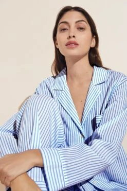 Eberjey Organic Sandwashed Cotton Woven Long PJ Set - Nautico Stripe Azure
