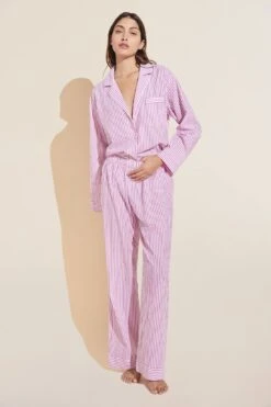Eberjey Organic Sandwashed Cotton Woven Long PJ Set - Nautico Stripe Italian Rose