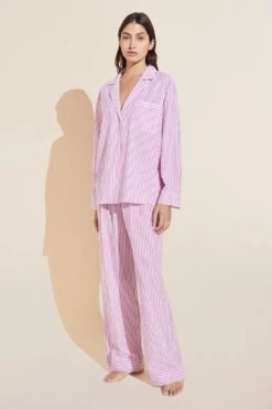 Eberjey Organic Sandwashed Cotton Woven Long PJ Set - Nautico Stripe Italian Rose -Fashion - Pajamas Low Res PJ2026N NAUTI F