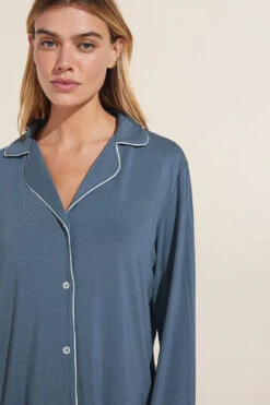 Eberjey Gisele TENCEL™ Modal Tuxedo Slim PJ Set - Coastal Blue/Ivory -Fashion - Pajamas PJ1018SLX CSIV S