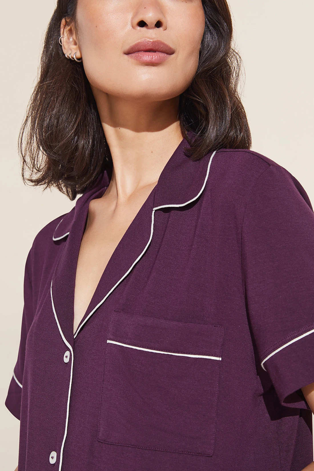 Eberjey Gisele TENCEL™ Modal Relaxed Short PJ Set - Plum/Ivory 4 Eberjey Gisele TENCEL™ Modal Relaxed Short PJ Set - Plum/Ivory - Image 2