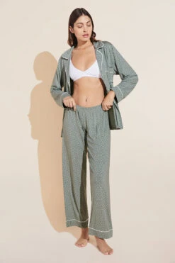 Eberjey Gisele Printed TENCEL™ Modal Long PJ Set - Artisan Trace Willow Green/Ivory -Fashion - Pajamas PJ1141 AWIV S 1