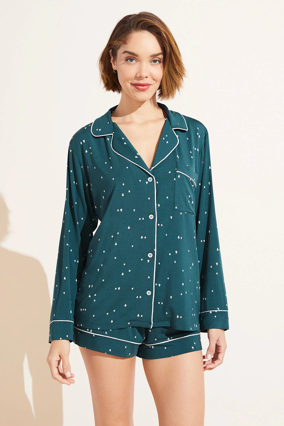 Eberjey Gisele Printed TENCEL™ Modal Long Sleeve & Shortie Short PJ Set - Forest Evergreen/Bone 3 Eberjey Gisele Printed TENCEL™ Modal Long Sleeve & Shortie Short PJ Set - Forest Evergreen/Bone