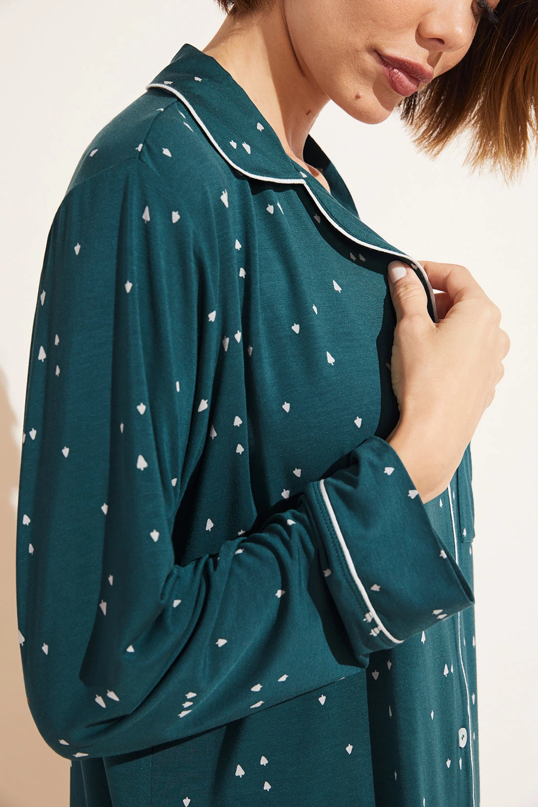 Eberjey Gisele Printed TENCEL™ Modal Long Sleeve & Shortie Short PJ Set - Forest Evergreen/Bone 4 Eberjey Gisele Printed TENCEL™ Modal Long Sleeve & Shortie Short PJ Set - Forest Evergreen/Bone - Image 2