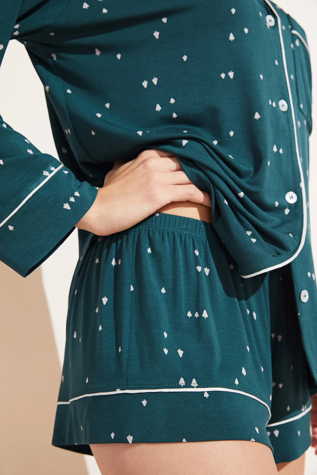 Eberjey Gisele Printed TENCEL™ Modal Long Sleeve & Shortie Short PJ Set - Forest Evergreen/Bone 5 Eberjey Gisele Printed TENCEL™ Modal Long Sleeve & Shortie Short PJ Set - Forest Evergreen/Bone - Image 3
