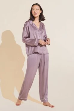 Eberjey Inez Washable Silk Long PJ Set - Amethyst/Ivory