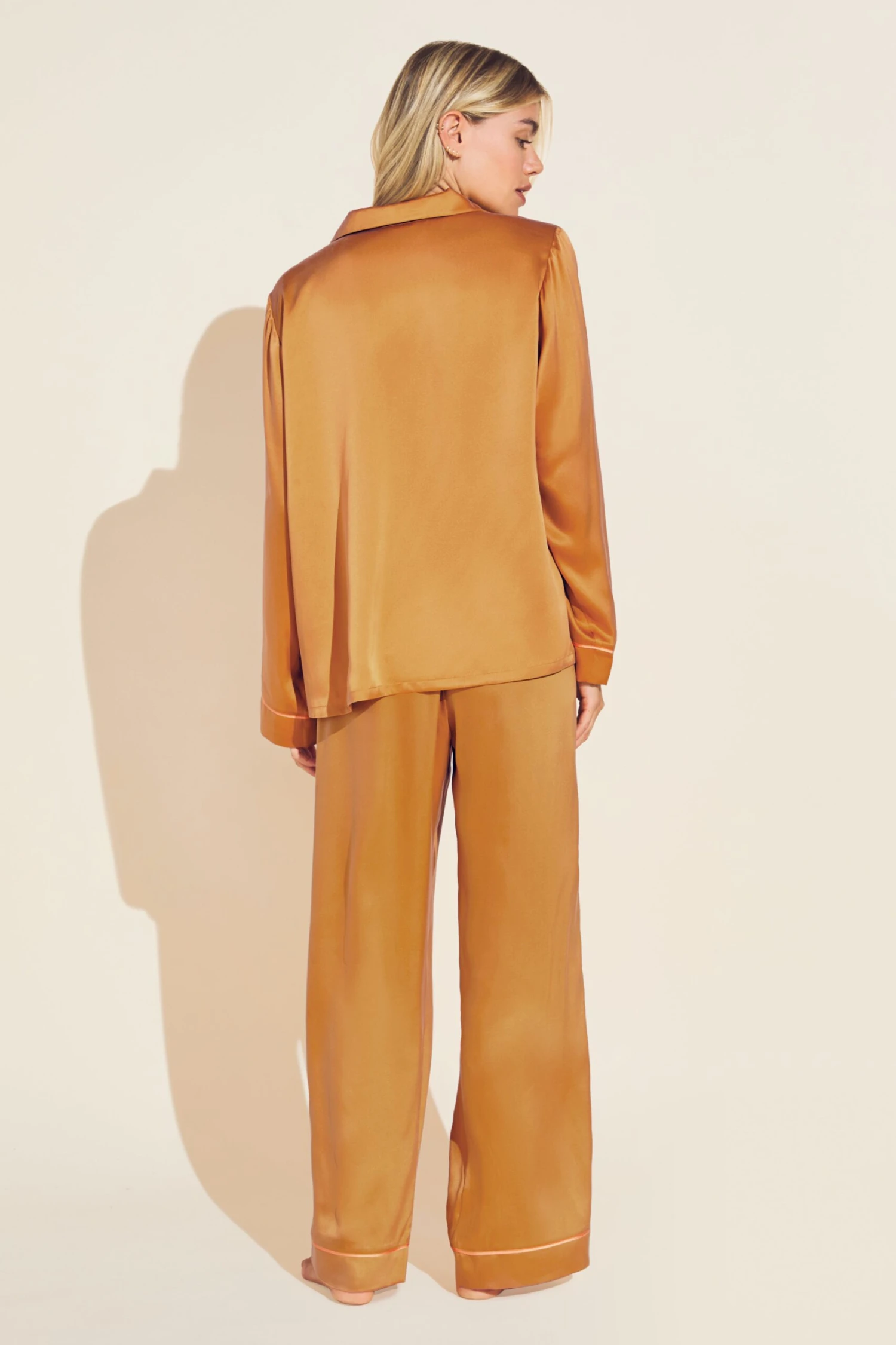 Eberjey Inez Washable Silk Long PJ Set - Caramel/Bright Orange 4 Eberjey Inez Washable Silk Long PJ Set - Caramel/Bright Orange - Image 2