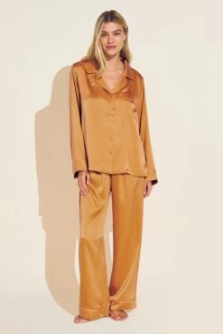Eberjey Inez Washable Silk Long PJ Set - Caramel/Bright Orange