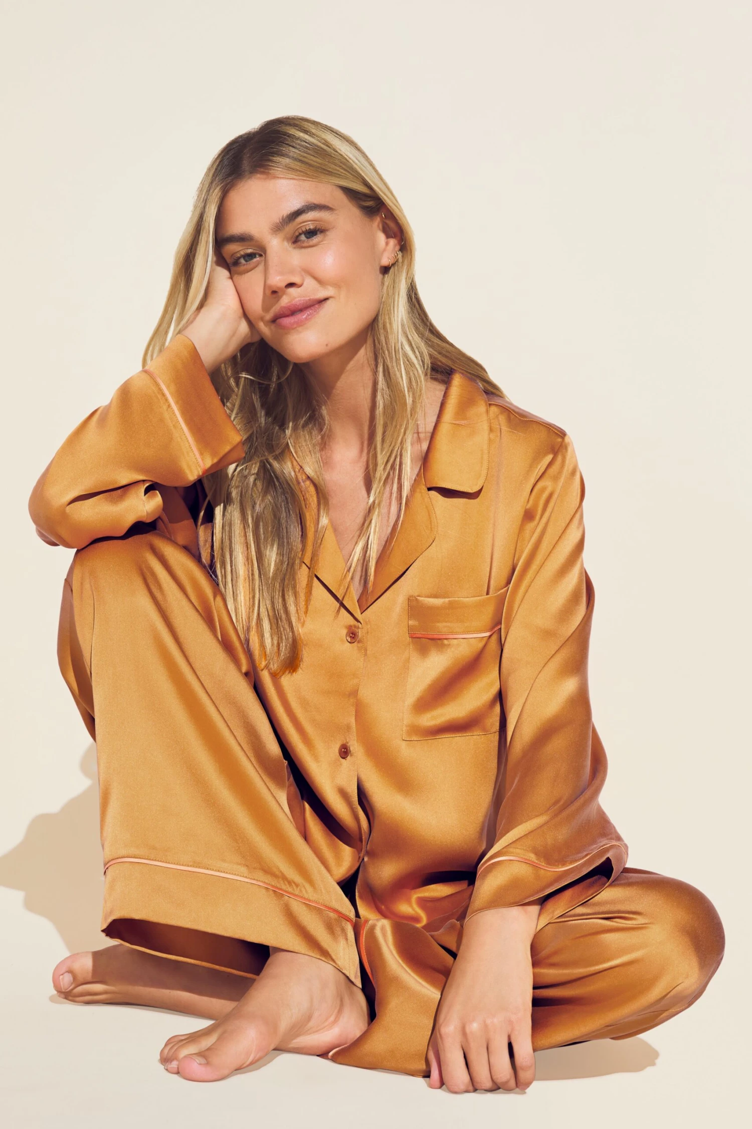 Eberjey Inez Washable Silk Long PJ Set - Caramel/Bright Orange 5 Eberjey Inez Washable Silk Long PJ Set - Caramel/Bright Orange - Image 3