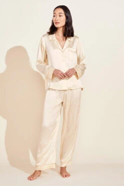 Eberjey Inez Washable Silk Long PJ Set - Champagne/Rose Cloud
