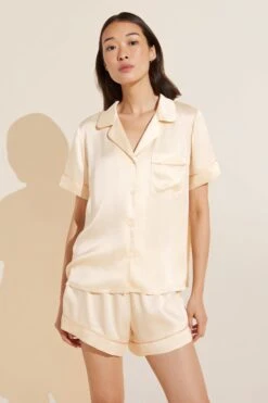 Eberjey Inez Washable Silk Short PJ Set - Champagne/Rose Cloud